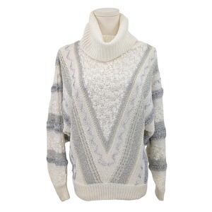 Vintage 80s Cream & Gray Textured Turtleneck Sweater Cabincore Ski Chalet Size L